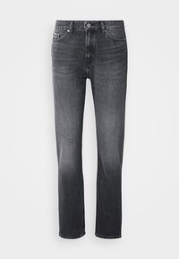 Menns svarte falmede jeans med rett ben, med frontknapp og fem-lomme design på hvit bakgrunn.
