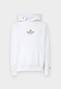 Bílá mikina s kapucí vyrobená z bavlny, s klokaní kapsou, nastavitelnou kapucí se stahovací šnůrkou a logem "HILFIGER NEW YORK" v tmavém písmu.