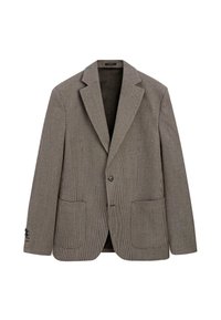 Brązowa marynarka w kratę typu piesio, z dwoma przednimi kieszeniami, zapinana na jeden guzik, z klapami z wycięciem, wykonana z teksturowanej tkaniny. Podszewka wewnętrzna.