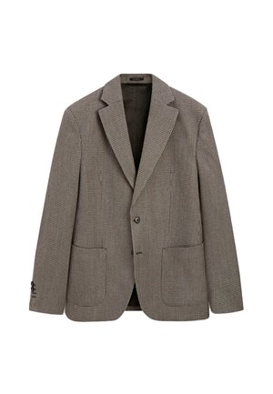 Brun hundetandsmønstret blazer med to forlommer, enkelt knaplukning og slag med hakk, lavet af tekstureret stof. Foret indvendigt.