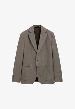 Bruine hondetandblazer met twee voorzakken, enkele knoopsluiting en ingesneden revers, gemaakt van gestructureerde stof. Gevoerd interieur.