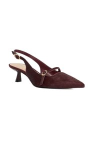 Burgundy slingback pump with pointed toe, soft textured upper, slender heel, and a goldtone accent strap near the ankle.