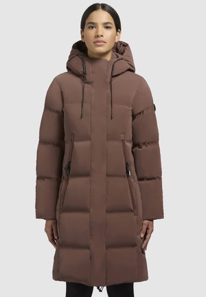 Bruine pufferjack met een capuchon, met een geblokt ontwerp, verstelbare trekkoorden en zijzakken met rits. Glad, waterafstotend stof.
