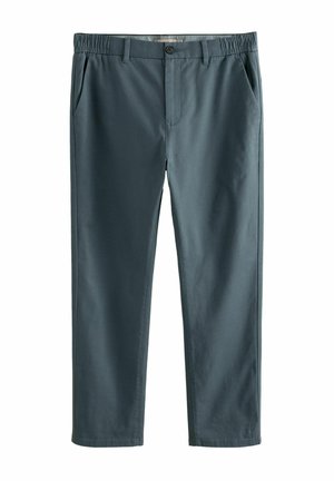 Pantaloni ușori, de culoare teal închis, cu talie elastică, buzunare frontale și un design cu picior drept; textură netedă și detalii de cusătură minime.
