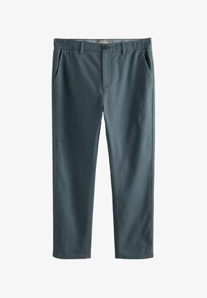 Pantaloni ușori, de culoare teal închis, cu talie elastică, buzunare frontale și un design cu picior drept; textură netedă și detalii de cusătură minime.