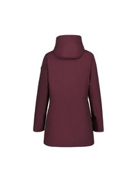 Chaqueta aislante burdeos con cuello alto y capucha, que presenta mangas largas y una textura de tela suave. Sin bolsillos visibles ni patrones.