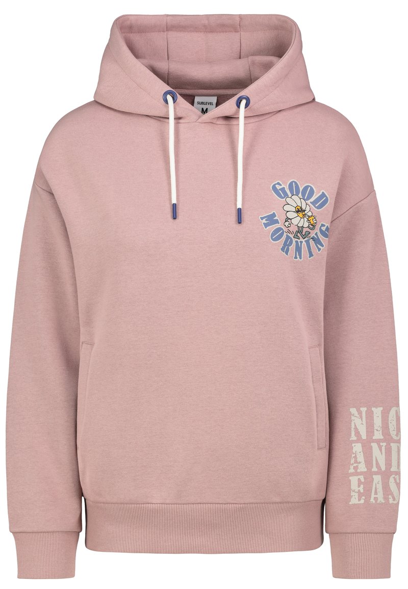 Roze hoodie met een graphics van een bloem en de tekst "GOEDE OCHTEND." Voorzien van trekkoorden en geribbelde manchetten en zoom.