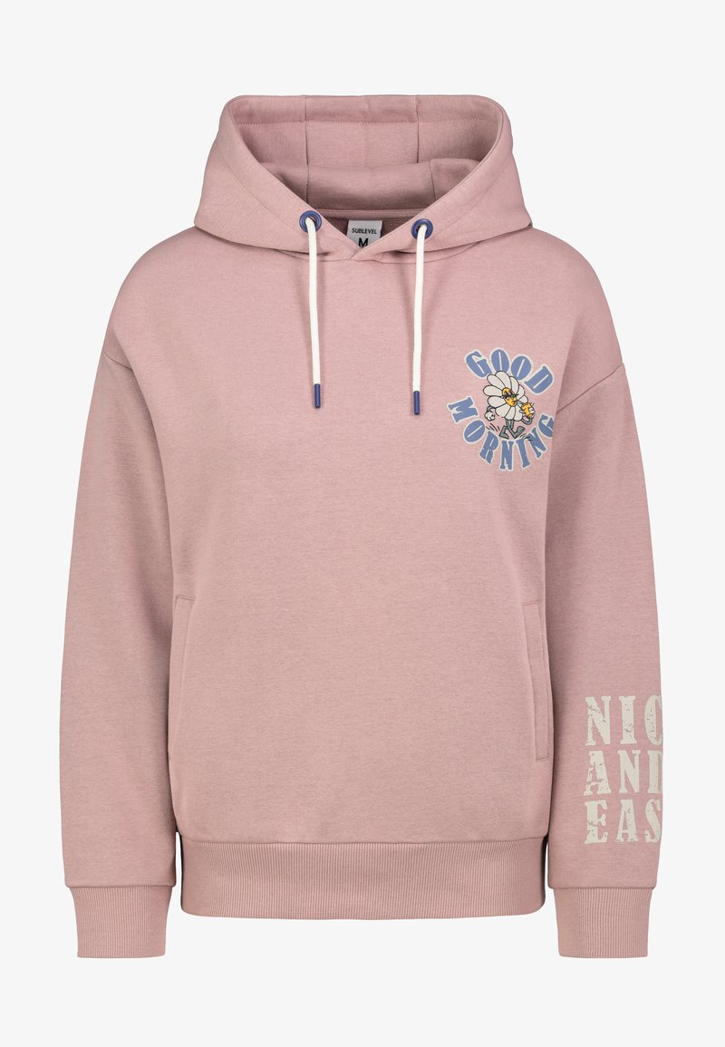Roze hoodie met een graphics van een bloem en de tekst "GOEDE OCHTEND." Voorzien van trekkoorden en geribbelde manchetten en zoom.