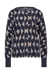 Halenka s dlouhým rukávem s geometrickým vzorem v krémové a tmavě námořnické barvě. Má široký výstřih a žebrované manžety. Vyrobena z měkké, lehké látky.