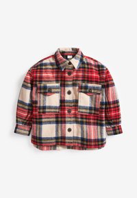 Chemise en flanelle écossaise rouge, bleue et beige avec des manches longues, deux poches poitrine et des boutons marron. Texture douce, design avec col.