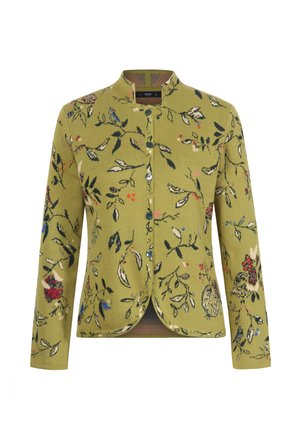 Cardigan verde floreale con maniche lunghe, chiusura a bottoni e collo rotondo. Presenta motivi multicolori di foglie e fiori in tutto il capo.