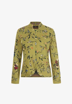Grüner floral gestrickter Cardigan mit langen Ärmeln, Knopfverschluss und rundem Halsausschnitt. Mit mehrfarbigen Blatt- und Blumenmustern durchgehend.