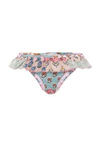 Costume da bagno inferiore a fantasia floreale con bordi arricciati rosa e blu, caratterizzato da una combinazione di colori pastello e una finitura in tessuto texture.