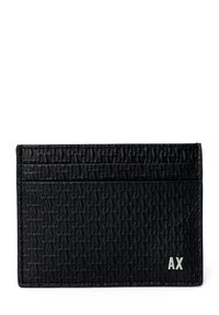 Black leather cardholder with embossed "AX" pattern, featuring three card slots and a sleek rectangular shape. Metal logo accent in bottom corner.
