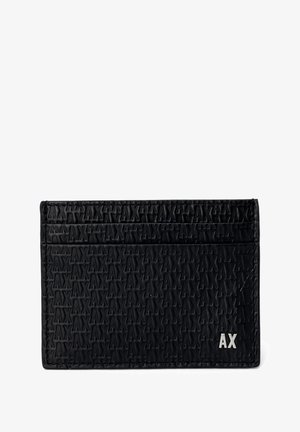 Black leather cardholder with embossed "AX" pattern, featuring three card slots and a sleek rectangular shape. Metal logo accent in bottom corner.