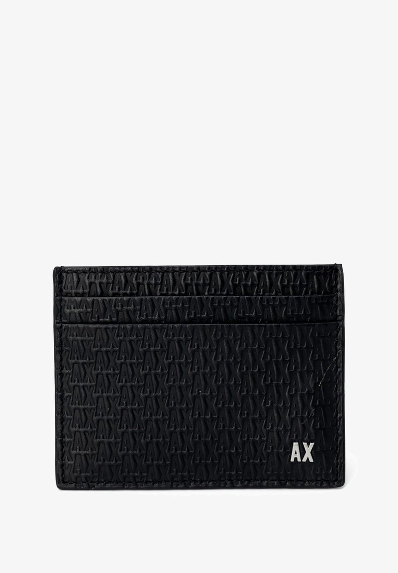 Black leather cardholder with embossed "AX" pattern, featuring three card slots and a sleek rectangular shape. Metal logo accent in bottom corner.