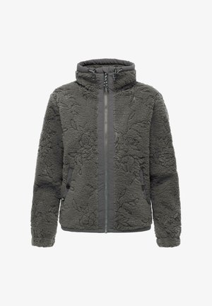 Fleecejacke in Dunkelgrau mit strukturierter Oberfläche, hohem Kragen, Reißverschluss und seitlichen Taschen mit Druckknöpfen.