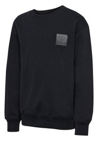 Svart sweatshirt med rund hals, långa ärmar, ribbade muddarna och nederkant, med en texturerad svart logotyp på bröstet.