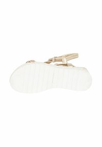 Sandal in metallo dorato con cinturini intrecciati e chiusura con fibbia. Presenta una suola in gomma bianca testurizzata con scanalature per una migliore aderenza.