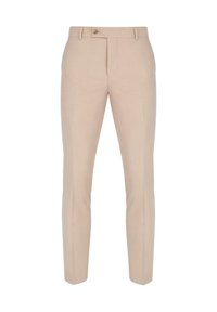 Beżowe spodnie w kant o gładkiej fakturze, slim fit, z pojedynczym zapięciem na guzik i detalem w postaci przodu z kantem.