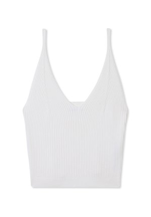 Bralette bianco a coste con scollatura a V profonda e sottili spalline regolabili. Texture liscia, forma aderente e senza hardware o decorazioni visibili.