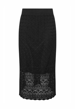 Black knitted pencil skirt featuring a textured lace pattern, a wide elastic waistband, and a scalloped hem design.