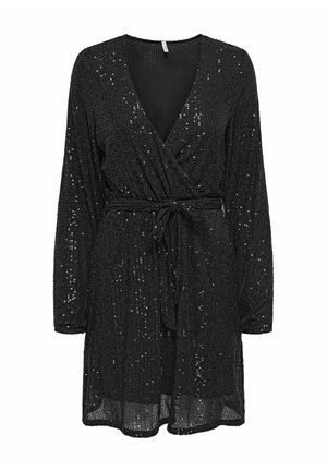 Vestito avvolgente nero con maniche lunghe, caratterizzato da un profondo scollo a V e paillettes sparse. Include una cintura da annodare in vita e una texture trasparente.