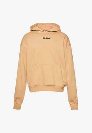 Beige Hoodie aus weichem Stoff mit einer Taschen vorne, gerippten Manschetten und einem schwarzen, gestickten Logo auf der Brust.