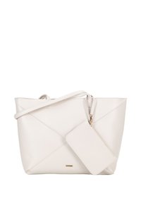 Witte tote bag met geometrisch ontwerp, gemaakt van soepel leer. Bevat een afneembare tas en gouden hardware.