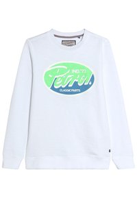 Felpa bianca con collo tondo e maniche lunghe, caratterizzata da un logo ovale multicolore che recita "Petrol IND.'73 CLASSIC PARTS."