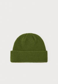 Knit green beanie with a textured pattern, featuring a folded cuff and a rounded top. Made of stretchable fabric.