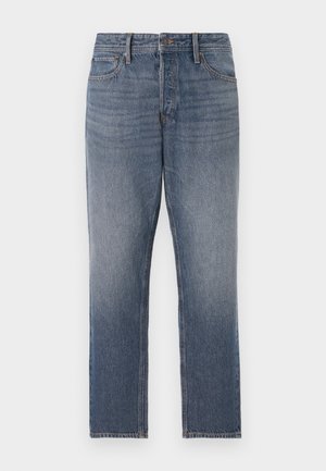 Mørkeblå denim jeans, lige ben, med en falmet vask, fem lommer og hardware i kobberfarve. Rent, klassisk udseende.