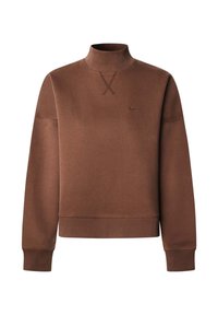 Sweat-shirt marron à manches longues avec col haut côtelé, poignets et ourlet côtelés, et un subtil détail cousu en forme de "X" sous le col.