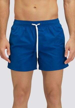 Costumi da bagno blu realizzati in tessuto leggero, dotati di un elastico in vita con un cordoncino bianco e una texture liscia.