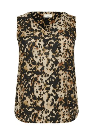 Sleeveless top in lightweight fabric featuring a V-neck, with a leopard print in tan, black, and brown hues. Smooth texture, relaxed fit.