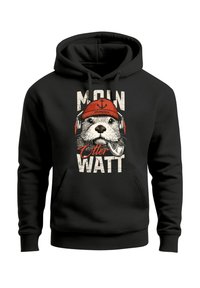 Black hoodie featuring a graphic of an otter wearing a red beanie and headphones, with the text "MOIN OTTER WATT." Illustrative style with contrasting colors.