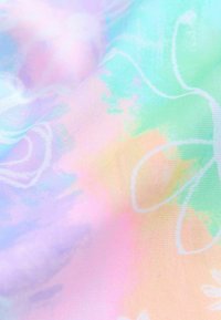 Leichtgewichtiger Stoff mit einem pastellfarbenen Farbverlauf von Rosa, Grün und Blau. Eigens darunter abstrakte, sanfte Blumenmuster und eine glatte Textur.