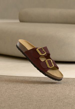 Brun slidesandal med dobbelte gyldne spænder, korkfodbed og sort sål, der hviler på beige tæppe foran en beige sofa.