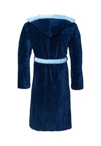 Navy blue plush robe with a hood, long sleeves, and a light blue belt. Soft texture and knee-length design, featuring a looped fabric finish.