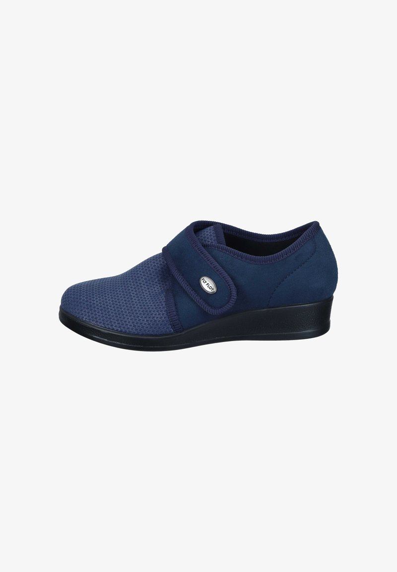 Navy blue casual shoe with a textured mesh upper, suede accents, and a Velcro strap. Features a low wedge rubber sole for stability.