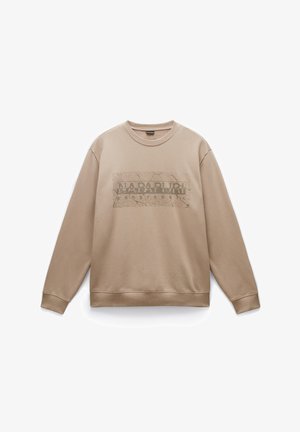 Felpa beige con maniche lunghe, colletto e polsini a costine, presenta una stampa screpolata in un beige più scuro, centrata con il testo "NAPAPIJRI".