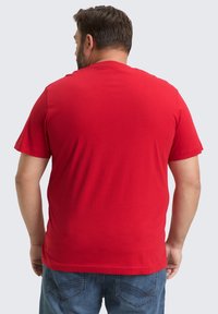 Rode katoenen T-shirt met korte mouwen en een ronde hals, met een gladde textuur en een relaxte pasvorm, van achteren weergegeven tegen een lichte achtergrond.