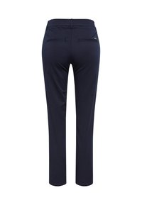 Dunkelblaue Hose mit einer glatten Textur, mit geradem Bein, zwei hinteren Taschen und dezenten Nähten.