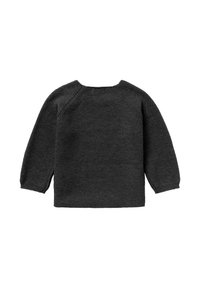 Mörkgrått stickat tröja med långa raglanärmar, rund halsringning och textilier. Har en rak skärning, inga knäppningar eller mönster.