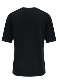 Sort kortærmet t-shirt med rund hals, der har en glat tekstur og et enkelt, udekoreret design. Vist fra bagenden.
