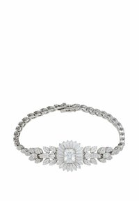 Silver bracelet featuring a central rectangular crystal surrounded by radiant-cut and marquise-shaped crystals with a linked chain design.