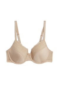 Beige podprsenka s výplní a květinovými krajkovými detaily, nastavitelné ramínka a zapínání na háček a oko vpředu. Hladký povrch po celé ploše.