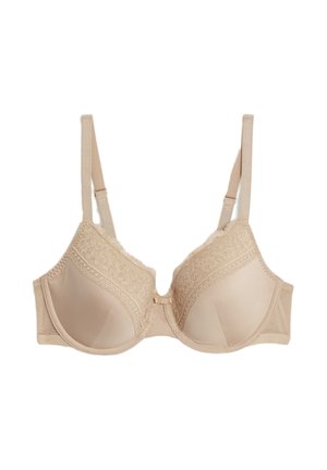Beige gepolsterter BH mit floralen Spitzelementen, verstellbaren Trägern und einem Haken- und Ösenverschluss vorne. Glatte Oberfläche.