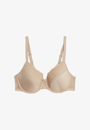 Beige gepolsterter BH mit floralen Spitzelementen, verstellbaren Trägern und einem Haken- und Ösenverschluss vorne. Glatte Oberfläche.