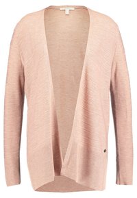 Light pink cardigan, open front design, ribbed texture, long sleeves, features a small logo accent on the lower side. Soft knit material.